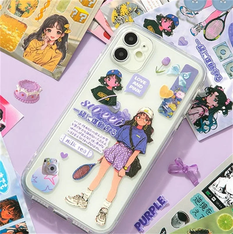 A transparent phone case decorated with die-cut stickers featuring anime characters and purple accents.
