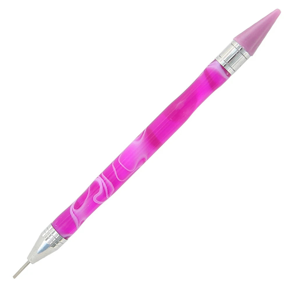 A pink double-head diamond painting pen with a silver tip and a purple body.