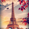 A vibrant painting of the Eiffel Tower framed by red autumn leaves against a soft sky.
