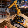 A yellow 1:64 scale remote control excavator is shown digging in sand, with the controller nearby.