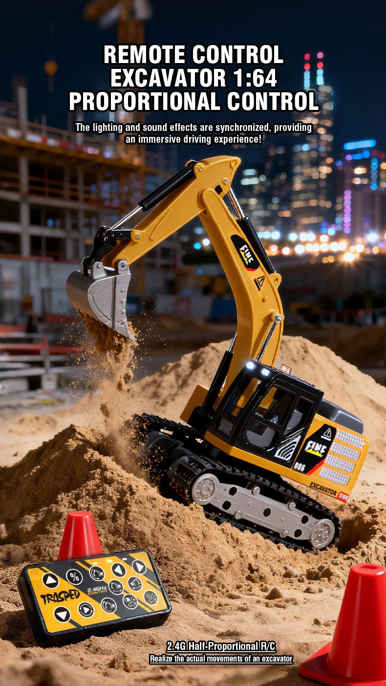 A yellow 1:64 scale remote control excavator is shown digging in sand, with the controller nearby.