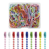 A clear plastic container filled with colorful ball bead chains for DIY jewelry and keychains.