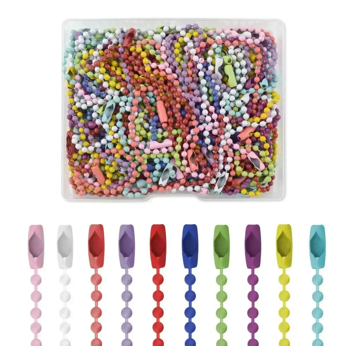 A clear plastic container filled with colorful ball bead chains for DIY jewelry and keychains.