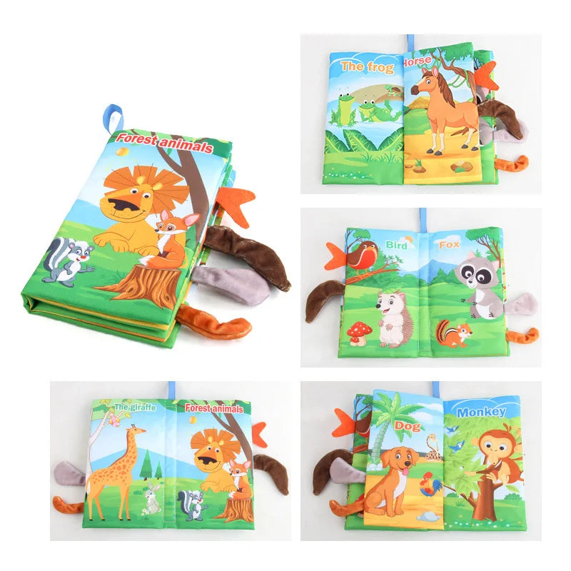 A collection of colorful soft fabric baby books featuring animals like a frog, fox, bird, and giraffe.