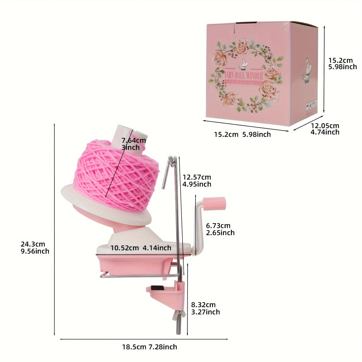 Pink hand crank yarn winder with a spool and knitting needles shown in various dimensions.