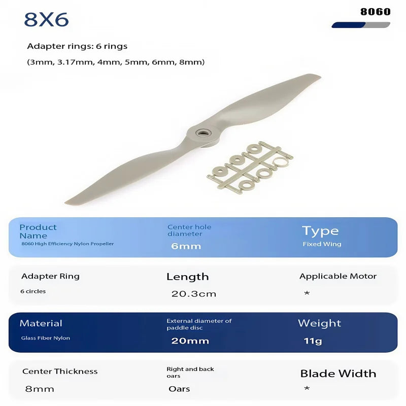 Silberner 8x6 Hochleistungs-Nylon-Propellerflügel mit sechs Adapterringen neben den Produktspezifikationen.