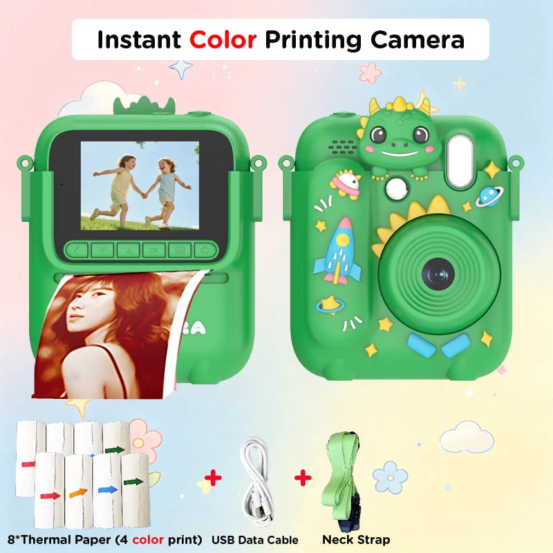A green instant color printing camera with a dinosaur-themed design, showing examples of printed photos and accessories.