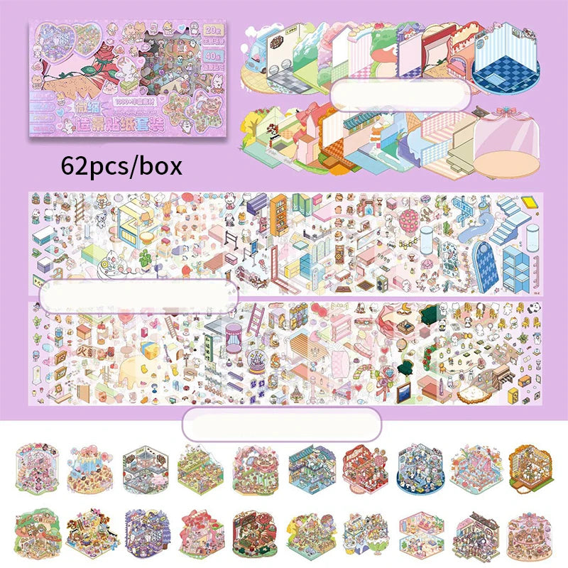 A collection of colorful cartoon mini town diorama stickers and embellishments for scrapbooking projects.