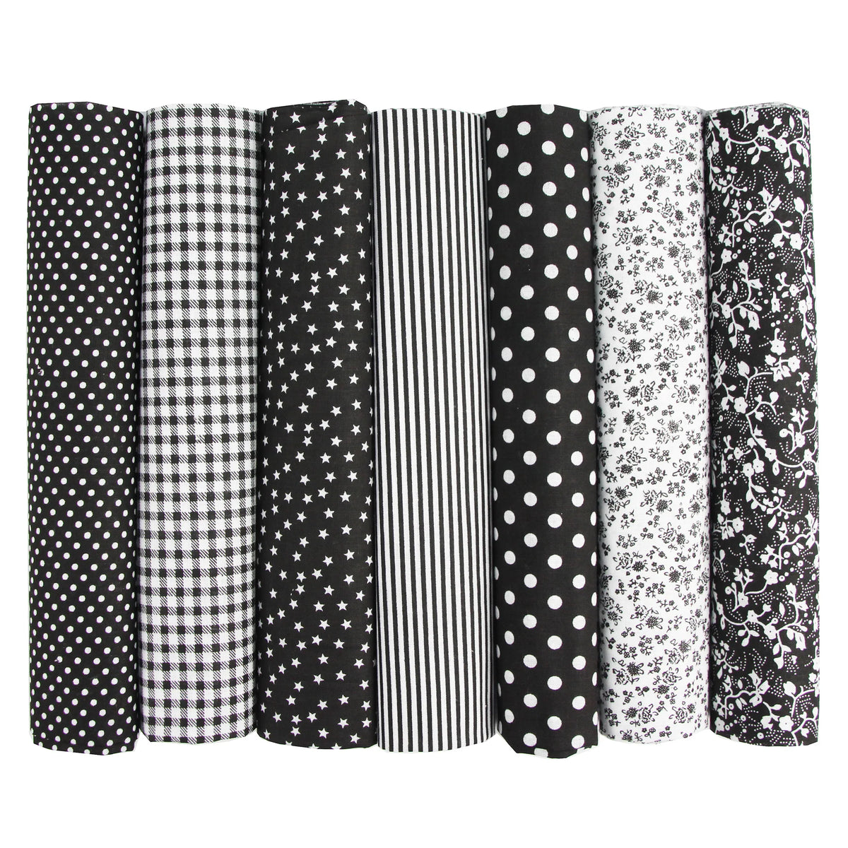 A pack of seven rolls of cotton fabric squares for quilting and patchwork featuring various black, white, and striped pattern