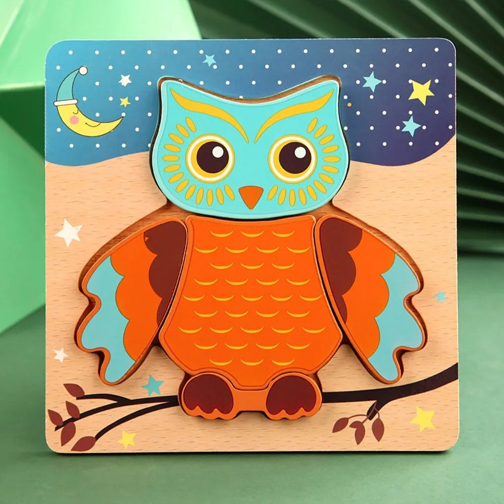 A wooden puzzle set featuring an owl with bright orange and blue feathers against a light background.