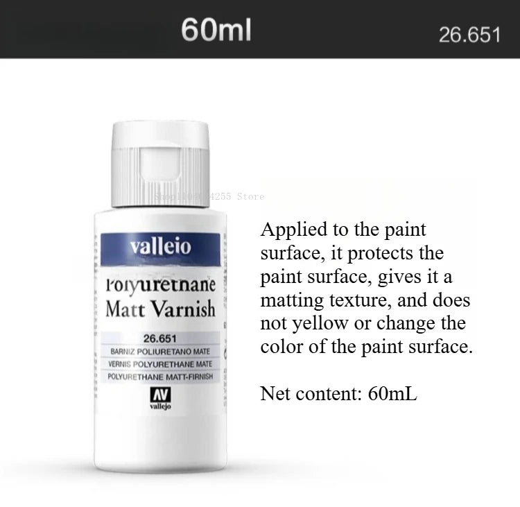 A bottle of Vallejo Matt Varnish, 60ml, for protecting and matting paint surfaces.