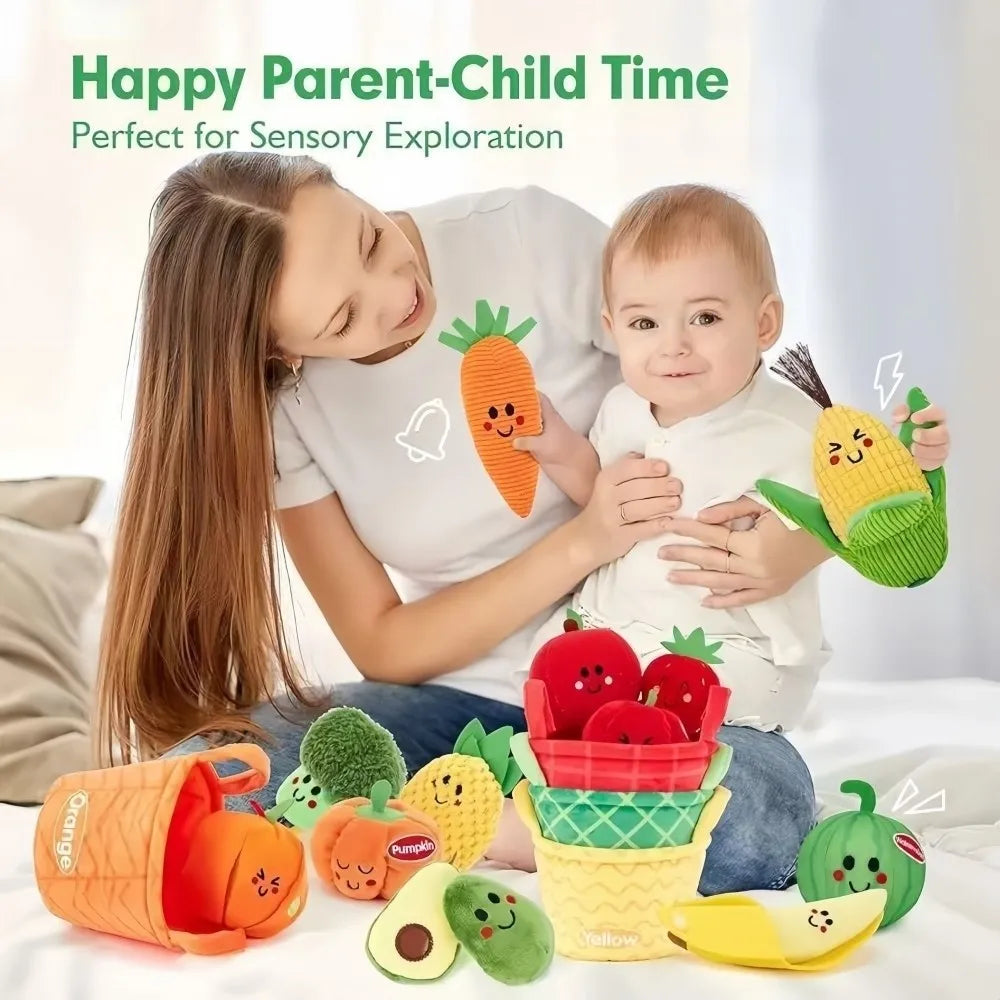 A mother and baby enjoy sensory play with an orange fruit and veggie sorting set featuring crinkle textures.
