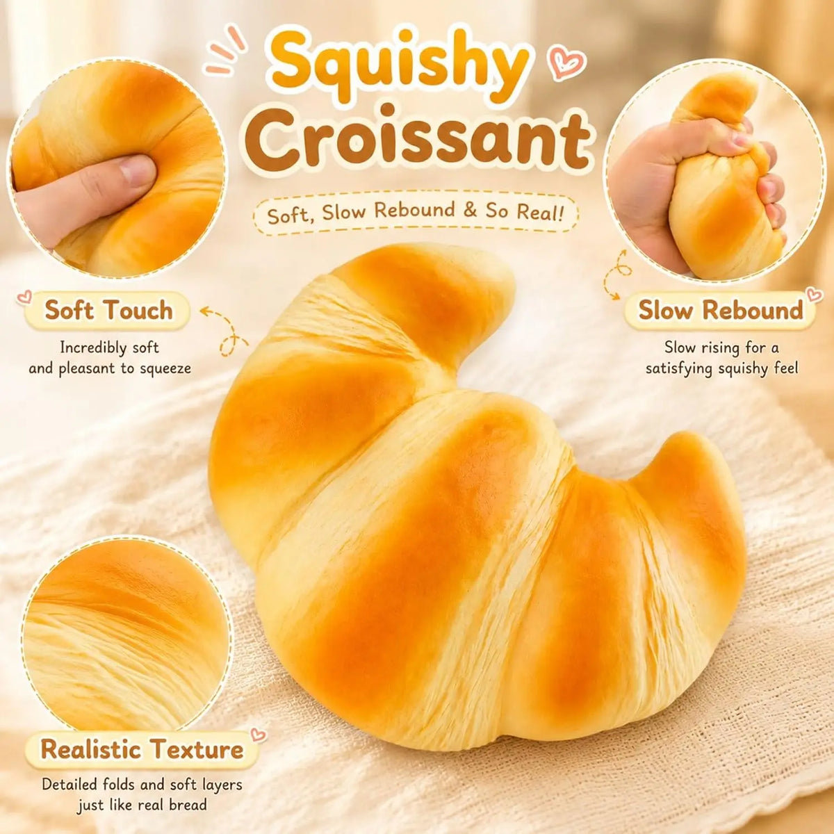 A golden croissant is shown with text describing its soft touch, slow rebound, and realistic texture.