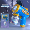 A blue and yellow automatic bubble machine gun is shown spraying bubbles against a dark background.