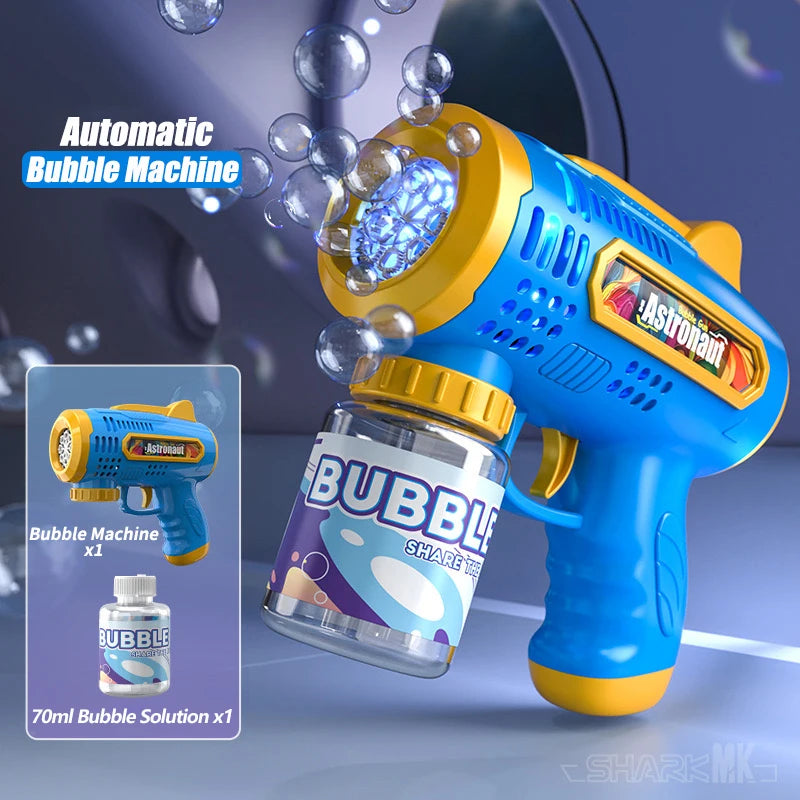 A blue and yellow automatic bubble machine gun is shown spraying bubbles against a dark background.