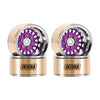 Deux roues à bille de précision en laiton et aluminium pour crawlers RC avec des accents violet et argent.