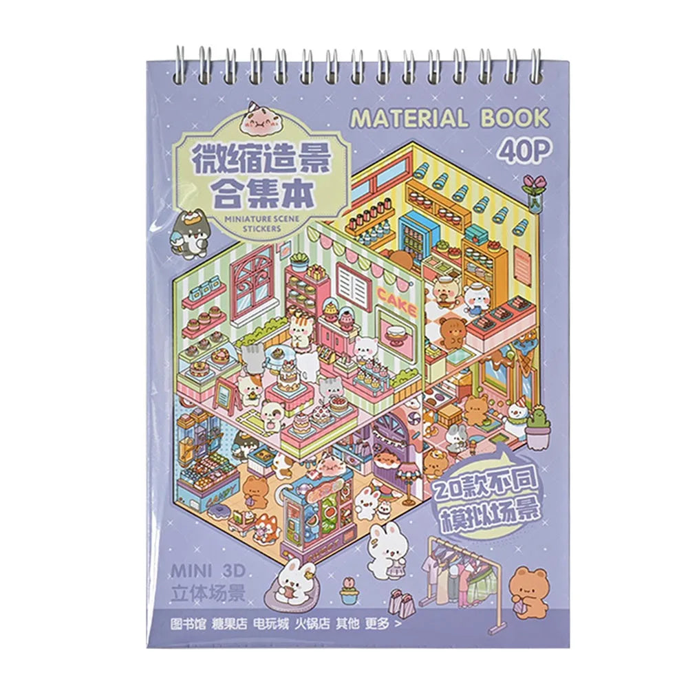 A package of a miniature scene sticker book featuring various cute animal characters and colorful scenes.