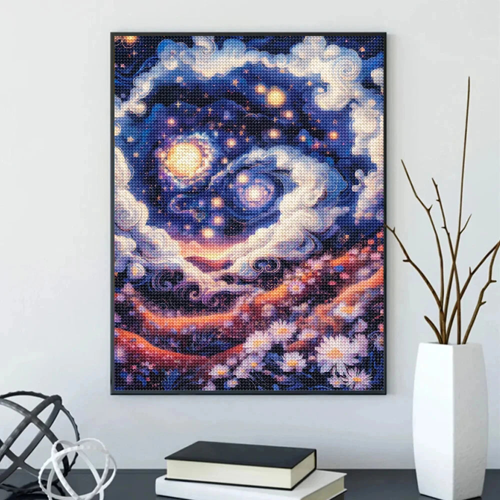 A square diamond painting featuring a night starry sky scenery with deep blues, purples, and glowing yellow light.