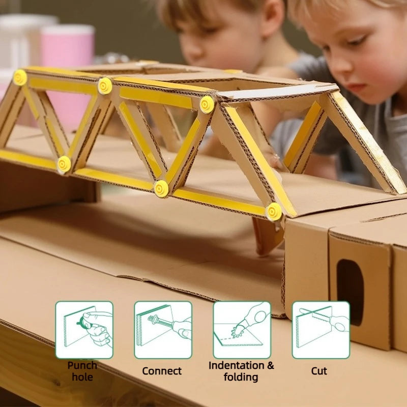 A cardboard construction kit showing a yellow truss structure being cut and folded by children.