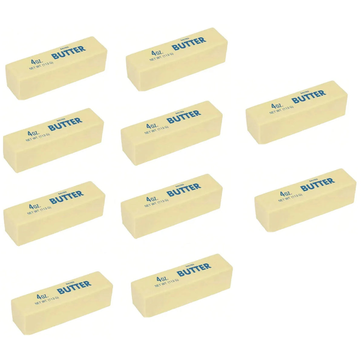 A collection of yellow butter sticks, some labeled 4oz, used as squishy toys for stress relief.