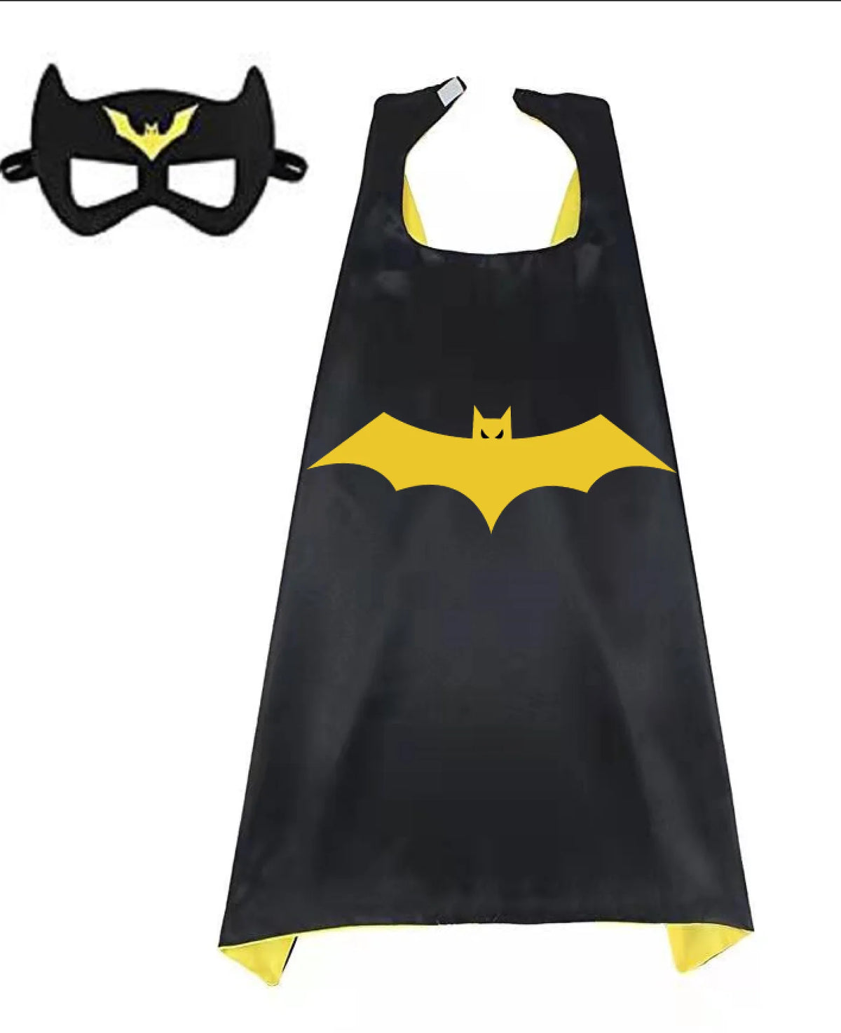 Black superhero cape and mask set with yellow accents for kids dress-up