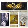 Wall art featuring a black and gold floral design, a close-up of a person's face, and a golden rose.