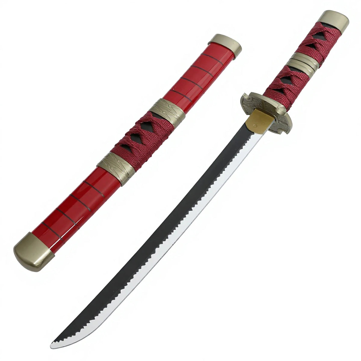 A replica katana sword with a red grip and silver fittings, displayed diagonally.
