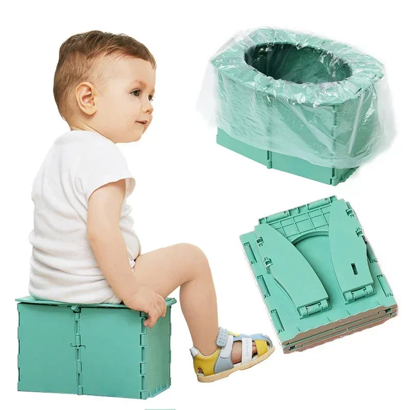 A baby is sitting on a teal foldable potty training seat with a green lid and a matching storage box.