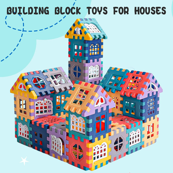 A colorful building block set depicting a house made of various colored blocks.