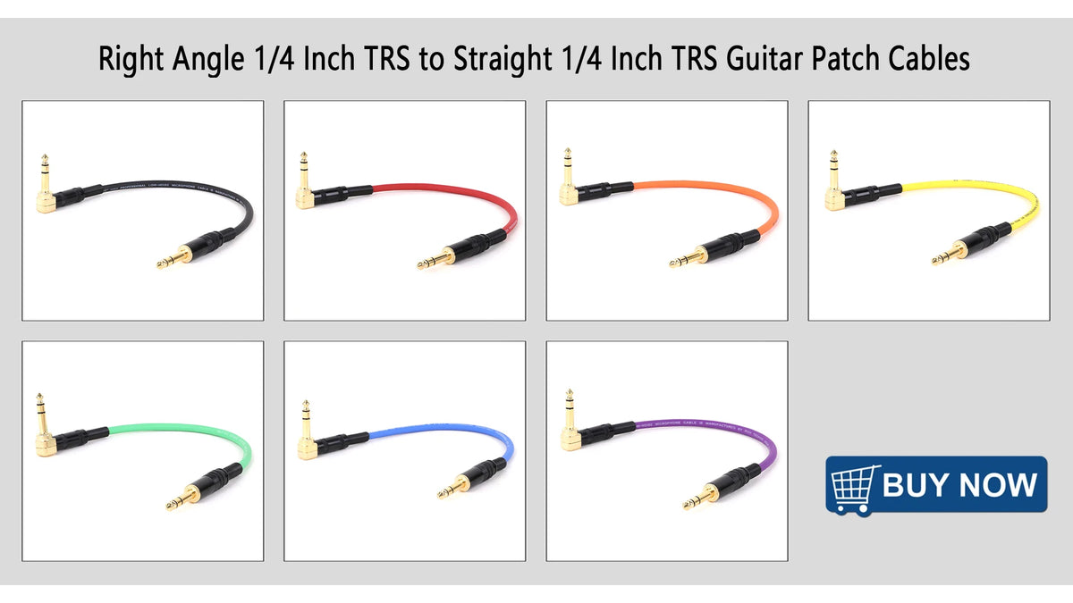 A set of five 1/4 inch TRS guitar patch cables showing various colors and right-angle connectors.