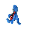 A blue cartoon cat plush toy with black markings on its nose and red accents.