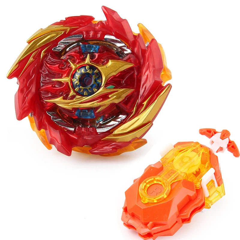 A red and gold metal spinning top battle set with a string launcher.