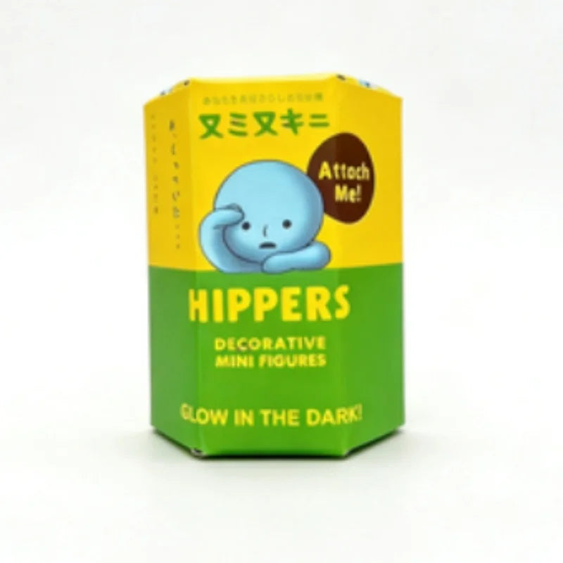 A box of Hippers glow-in-the-dark decorative mini figures featuring a blue blob character.