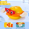 Yellow wind-up swimming bath toy with a red face and an orange body, showing the clockwork knob and a 360 degree swing arm.