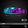 A 1:64 scale LED light-up underground garage diorama featuring a detailed interior with neon blue and purple lighting.