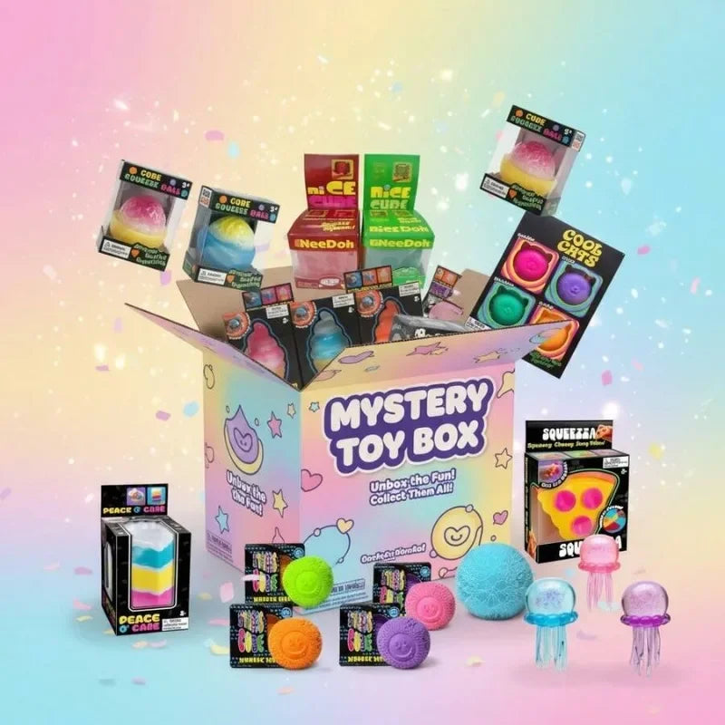 A colorful mystery toy box filled with squishy fidget toys and blind boxes.