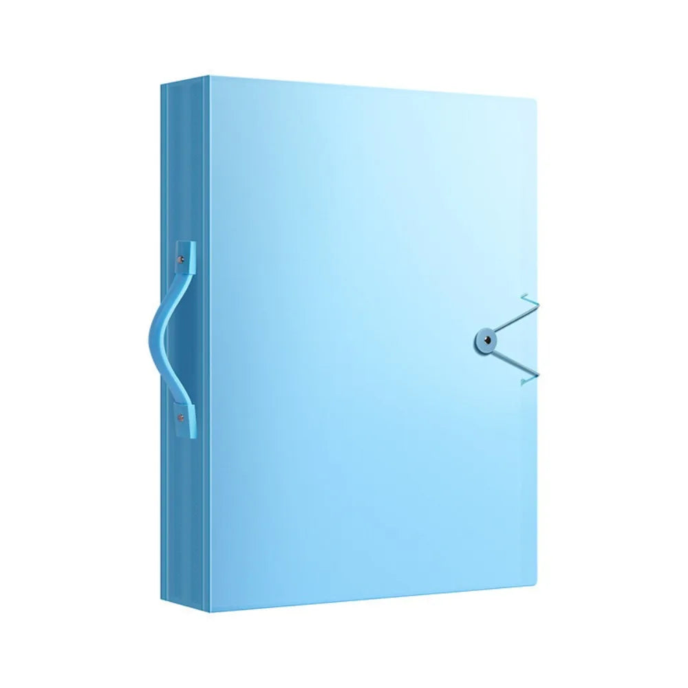 A light blue storage album or box with a hinged door and a silver latch.