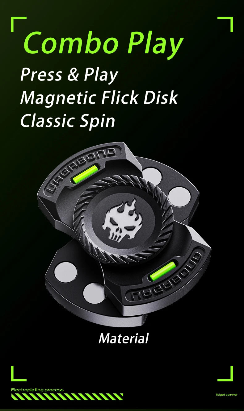 A black magnetic flick disk fidget spinner with a classic spin design and push buttons.