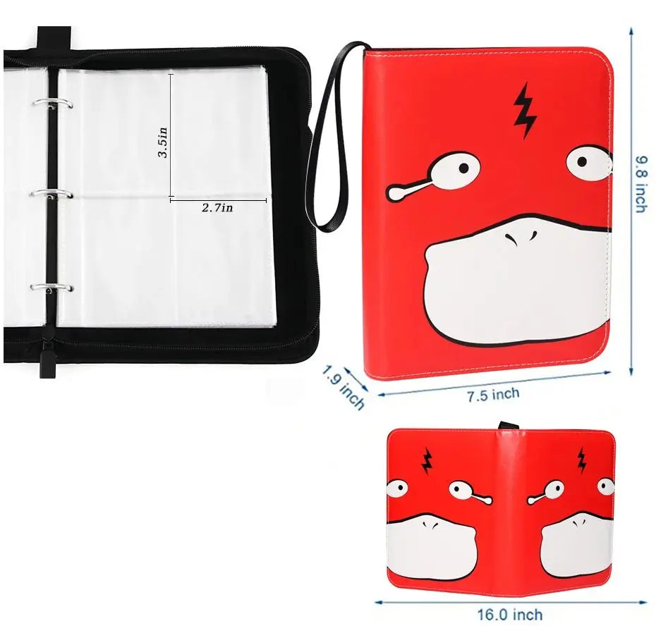 A red PU leather card binder with a zipper closure featuring a stylized face design.