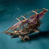 A detailed steampunk pirate ship model kit featuring wooden components and purple sails against a dark teal background.