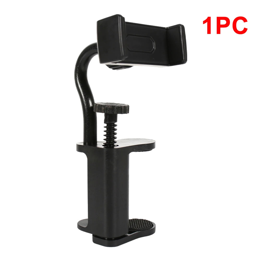 Black adjustable guitar phone holder clamp with a spring mechanism for hands-free streaming and recording
