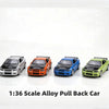 A collection of four die-cast pull-back cars in various colors, including silver, orange, blue, and green.