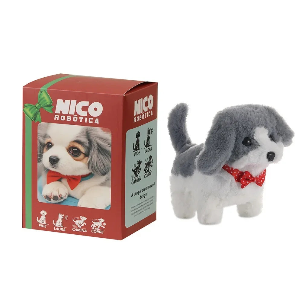 A plush robot puppy toy in gray and white, packaged in a red box with the brand NICO ROBOTICA.