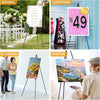 Four images showing wedding signage, advertising signs, and paintings displayed on an adjustable foldable metal easel stand.