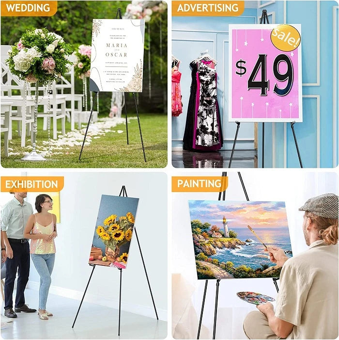 Four images showing wedding signage, advertising signs, and paintings displayed on an adjustable foldable metal easel stand.