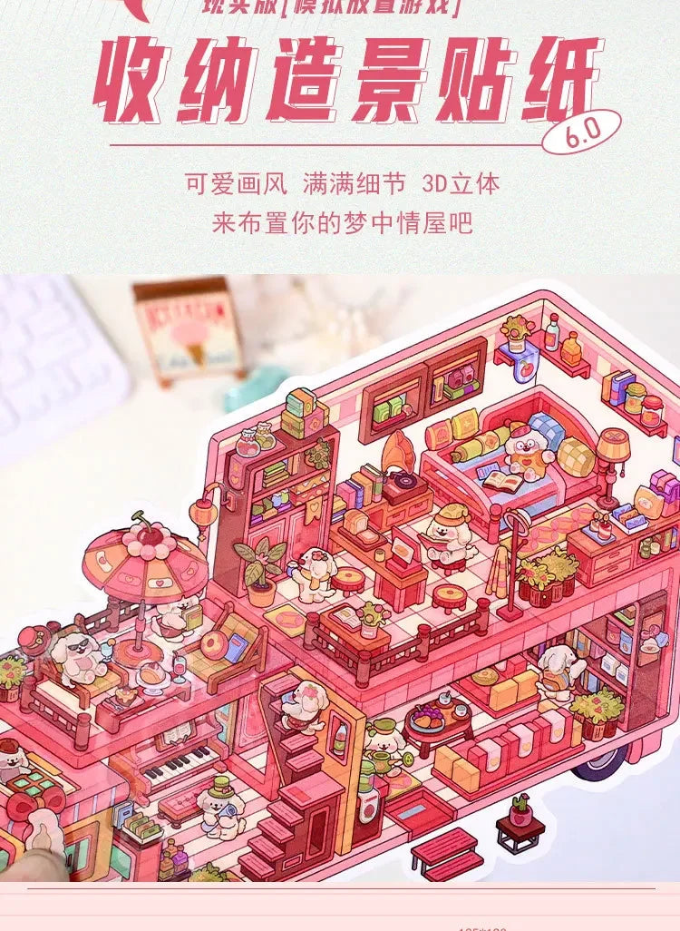 A colorful sticker pack depicting a whimsical cartoon scene of penguins and dogs in an RV setting.