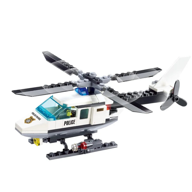 A detailed police helicopter and SWAT carrier vehicle building blocks set.