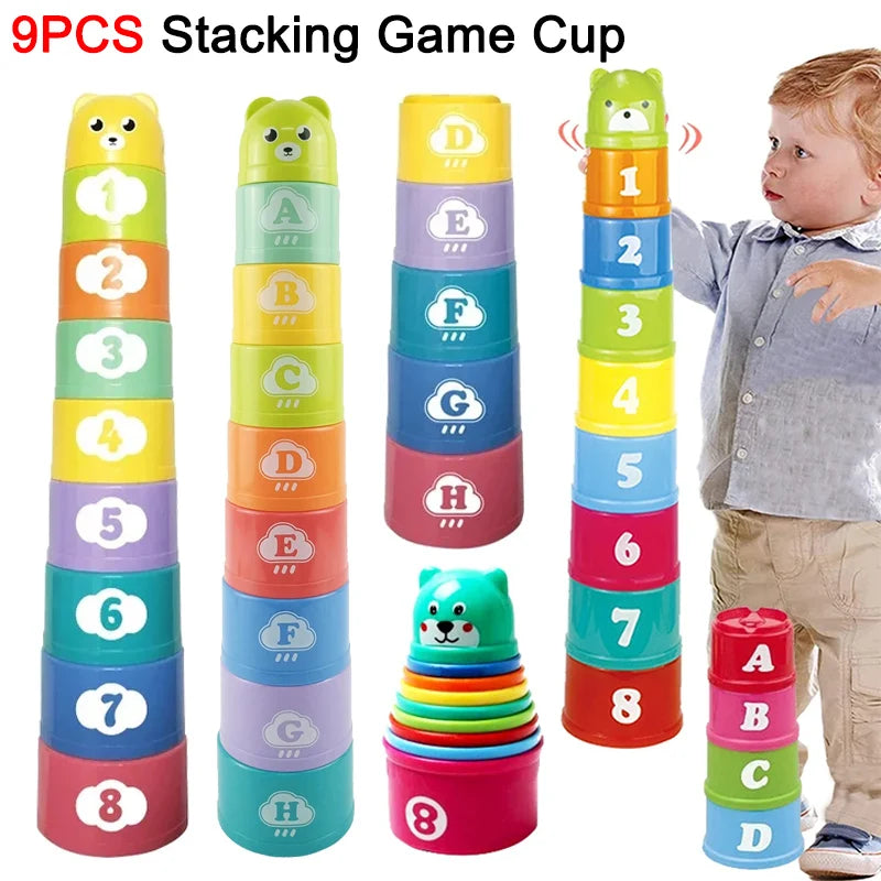 A set of nine colorful stacking cups featuring numbers, letters, and shapes for a game.