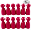 A set of twelve wooden game pawns in six shades of pink and magenta.