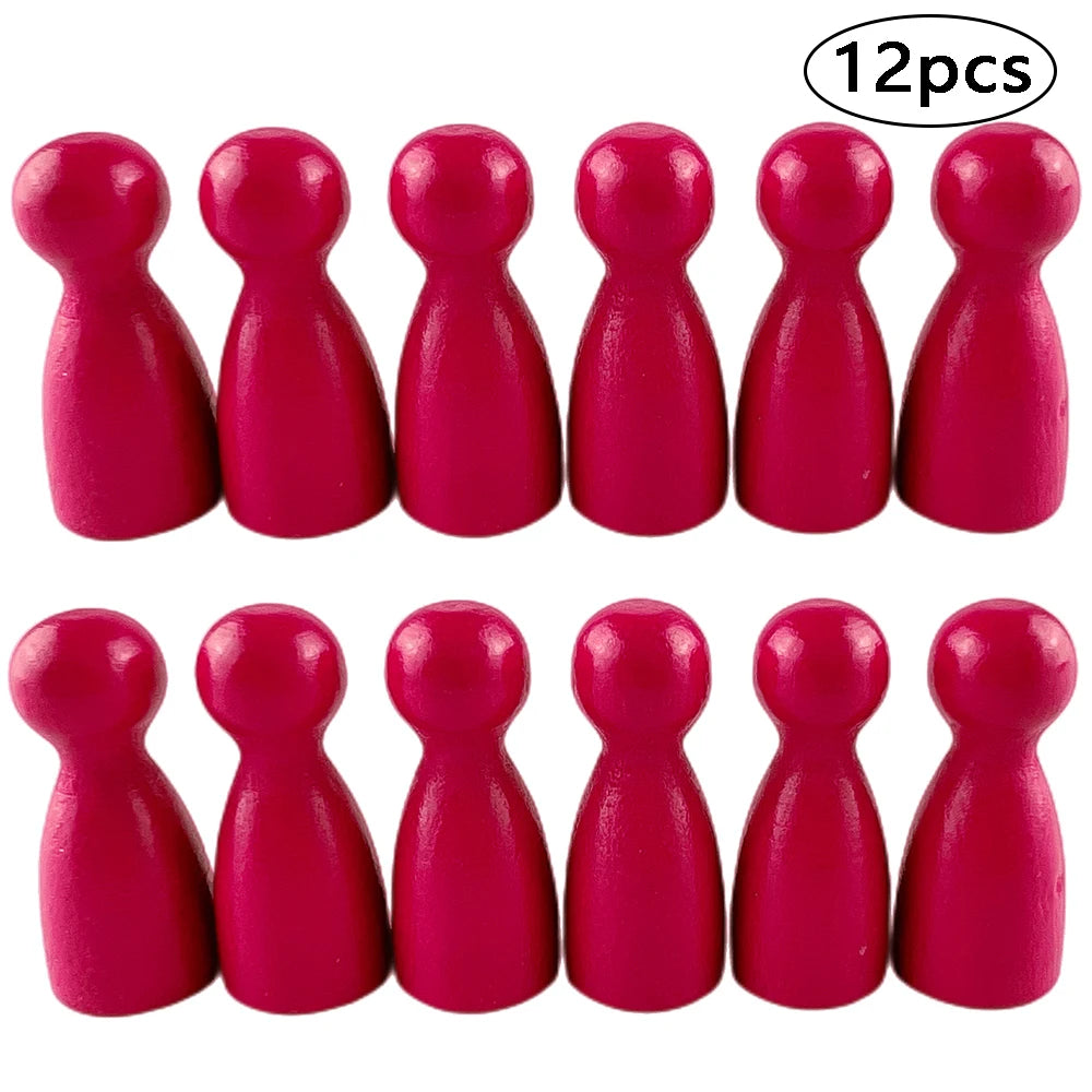 A set of twelve wooden game pawns in six shades of pink and magenta.